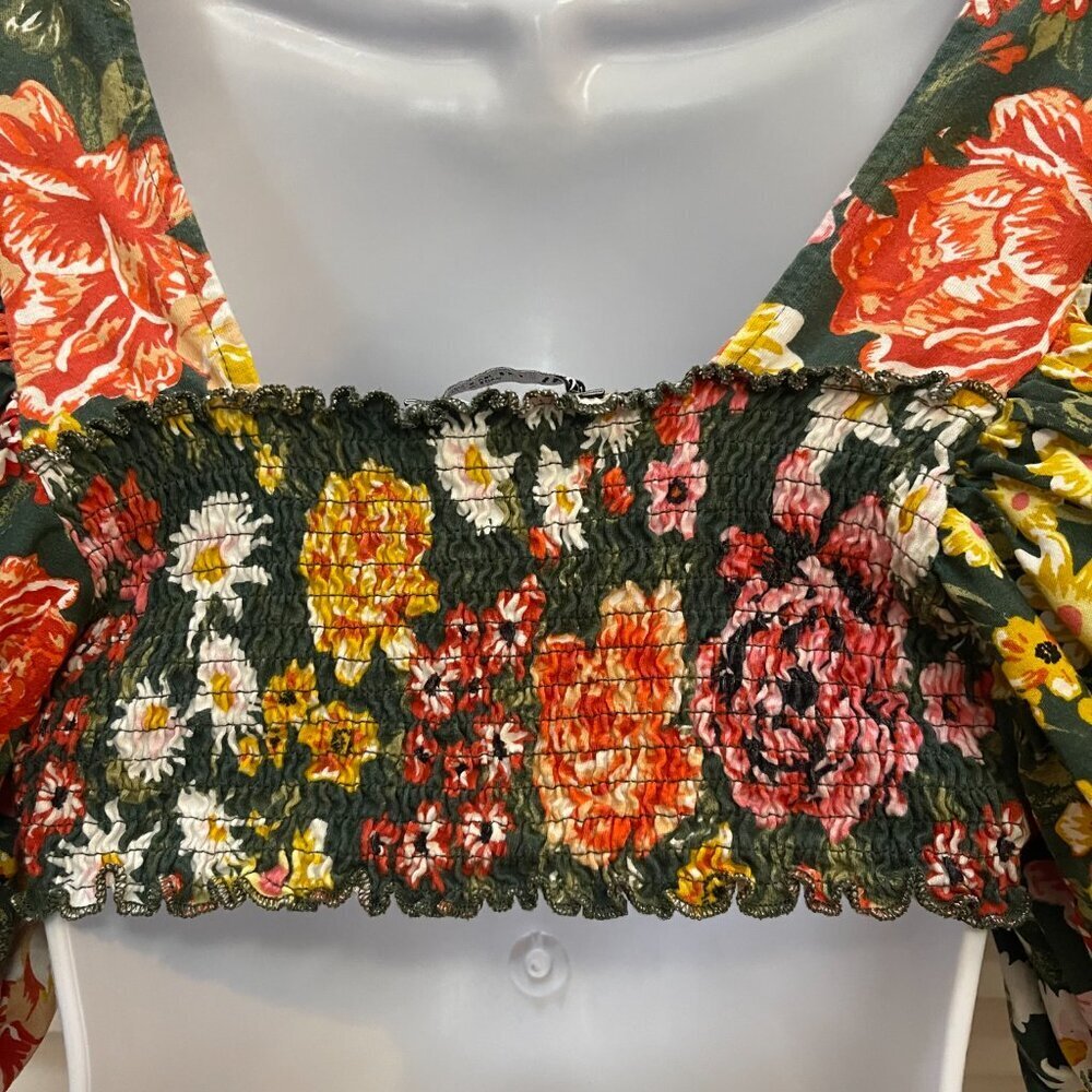 Zara Green Floral Puff Sleeve Crop Top Smocked Back Size S - Picture 5 of 8